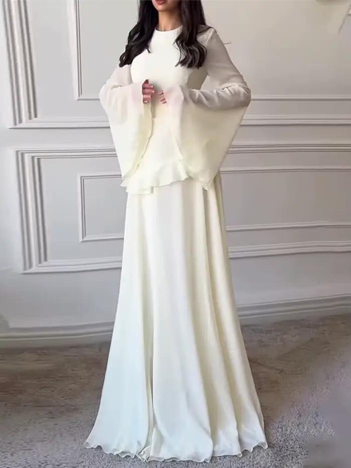 Robe longue élégante bleue en mousseline de soie à volants pour femme