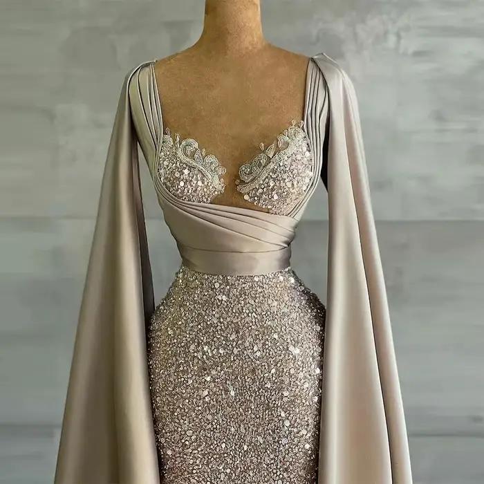 Robe de Soirée Arabe en Dentelle Froncée à Paillettes pour Femme