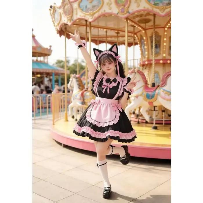 Robe de demoiselle d'honneur Lolita noire et rose avec nœud chat et dentelle