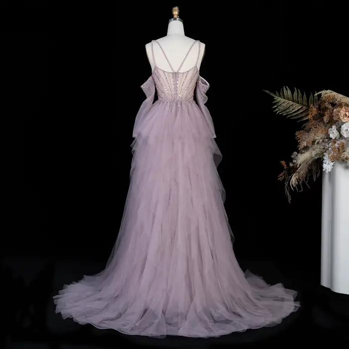 Robe de soirée Sharon Said Dubai Green à fines bretelles perlées avec manches à volants شارون سعيد
