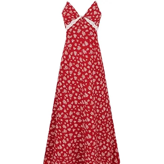 Robe longue élégante et magnifique à imprimé floral rouge français pour femme