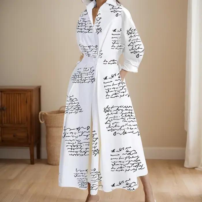 Robe longue taille haute à manches longues pour femmes, polyester, motif imprimé, coupe lâche, col rabattu, adapté aux événements formels, soirées et journées de travail