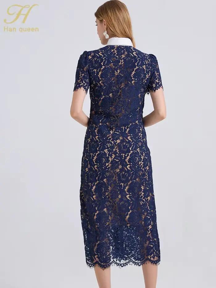 H Han Queen élégant France femmes simple boutonnage dentelle robes femme évider à manches courtes Vintage robe mi-longue
