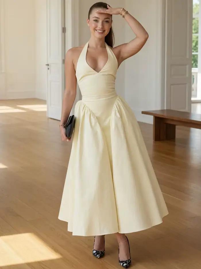 Robe midi élégante pour femme en polyester avec patchwork et volants pour soirées et fêtes estivales