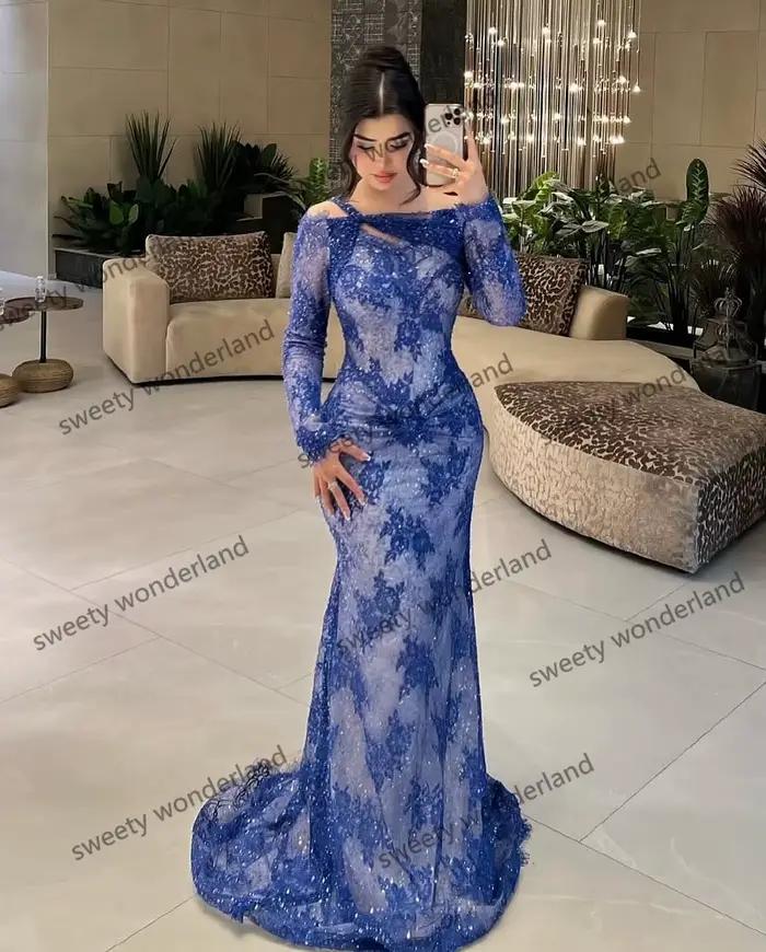 Robe de soirée sirène bleue en dentelle et paillettes pour femme