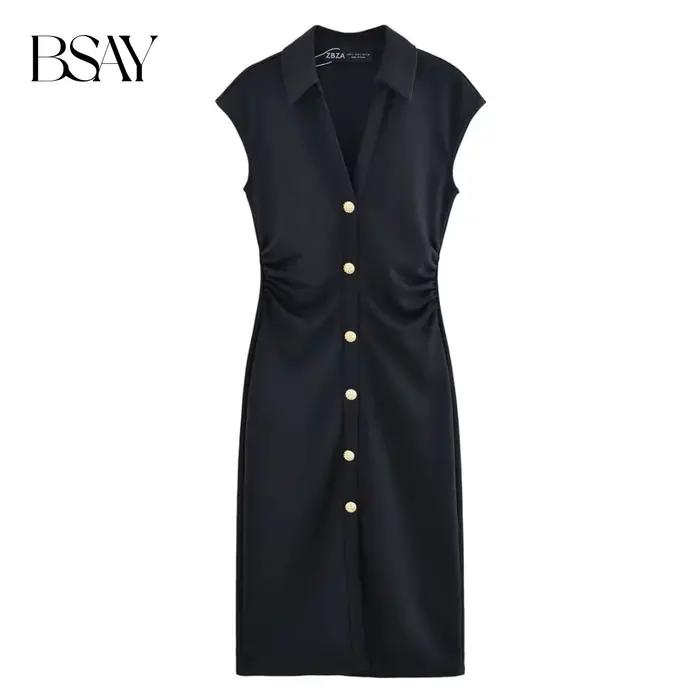 BSAY robe pour femmes mode été nouveau pli sans manches col en v simple boutonnage robes mi-longues français Chic femme vêtements de soirée