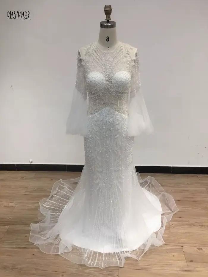 MYMB luxe Caramel sirène perlée soirée robe formelle pour la fête de mariage élégant arabe manches longues mère