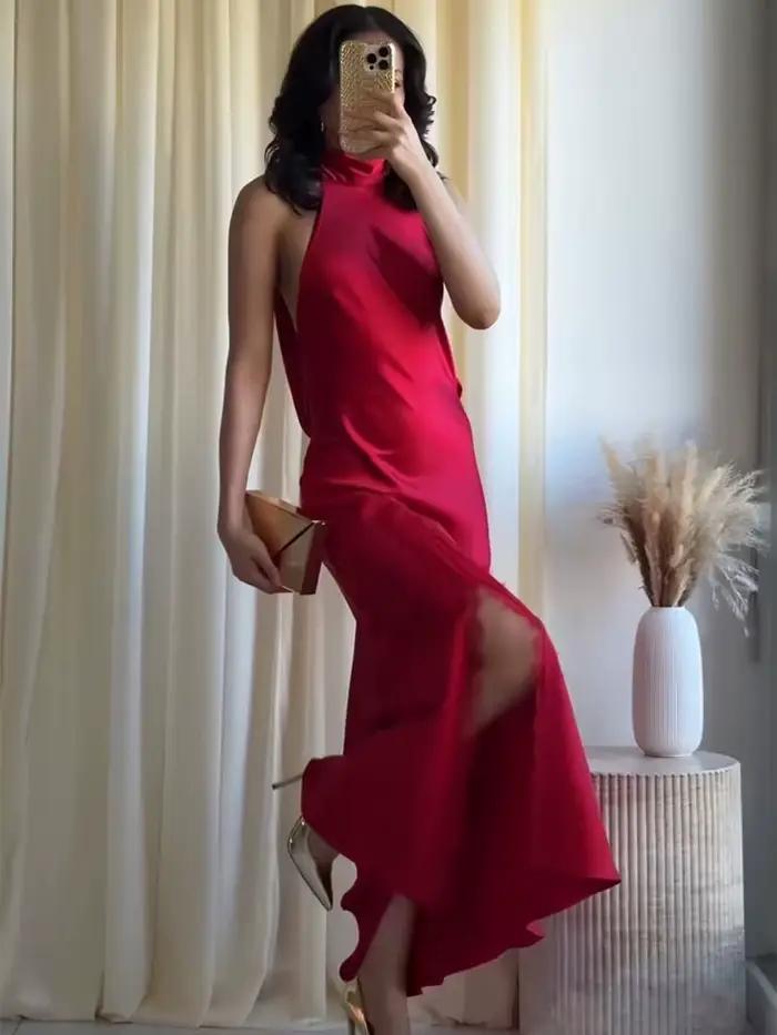 Robe longue sexy sans manches à col halter pour femme avec dentelle et fente décorative idéale pour l'été et les soirées occasions spéciales