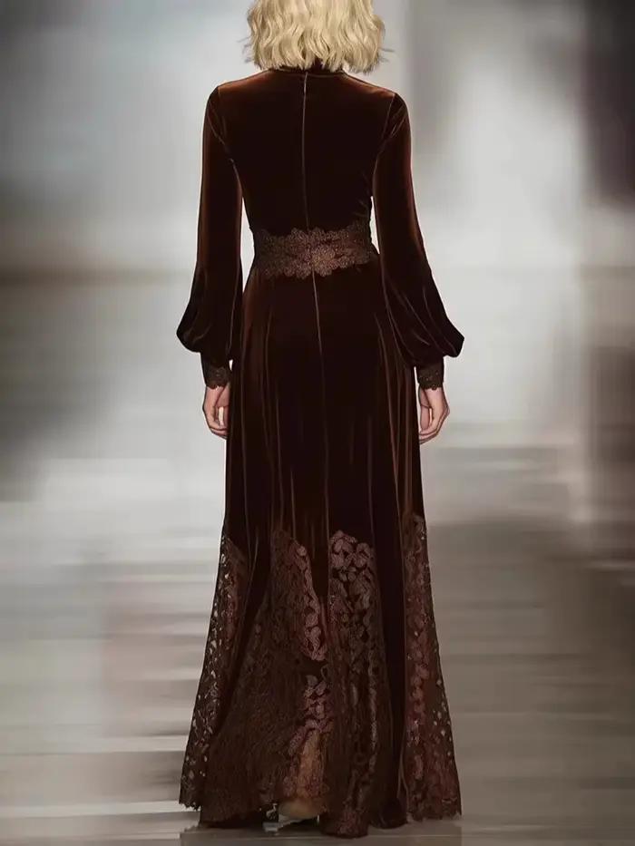 Robe longue en velours vintage élégante avec ourlet en dentelle pour femmes, style ligne U, pour soirées et événements printemps automne