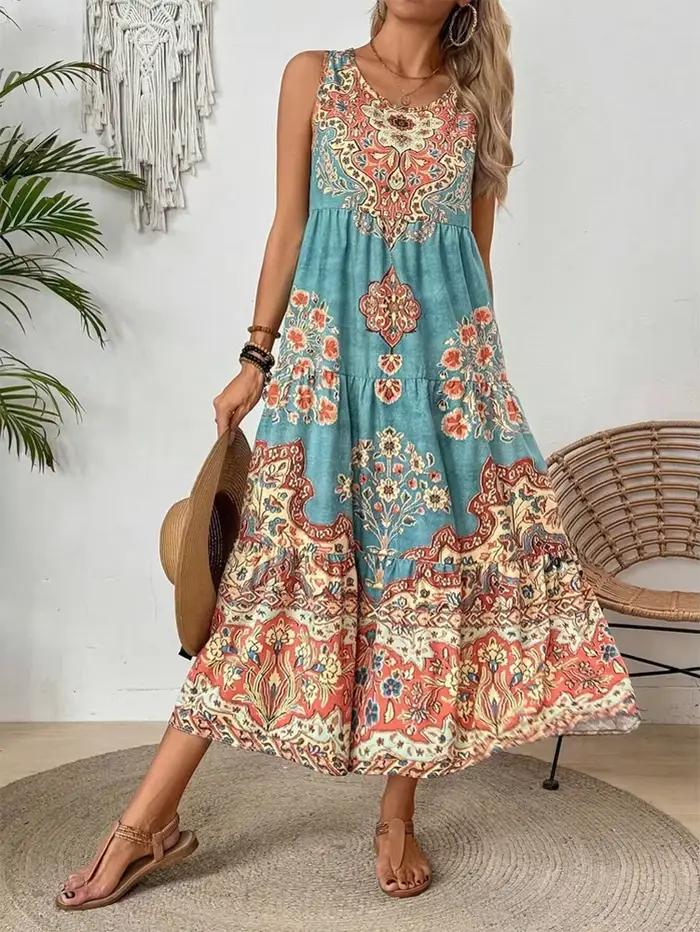 Holidaya dames été imprimé fleuri col rond robe sans manches pour décontracté ou vacances Maxi