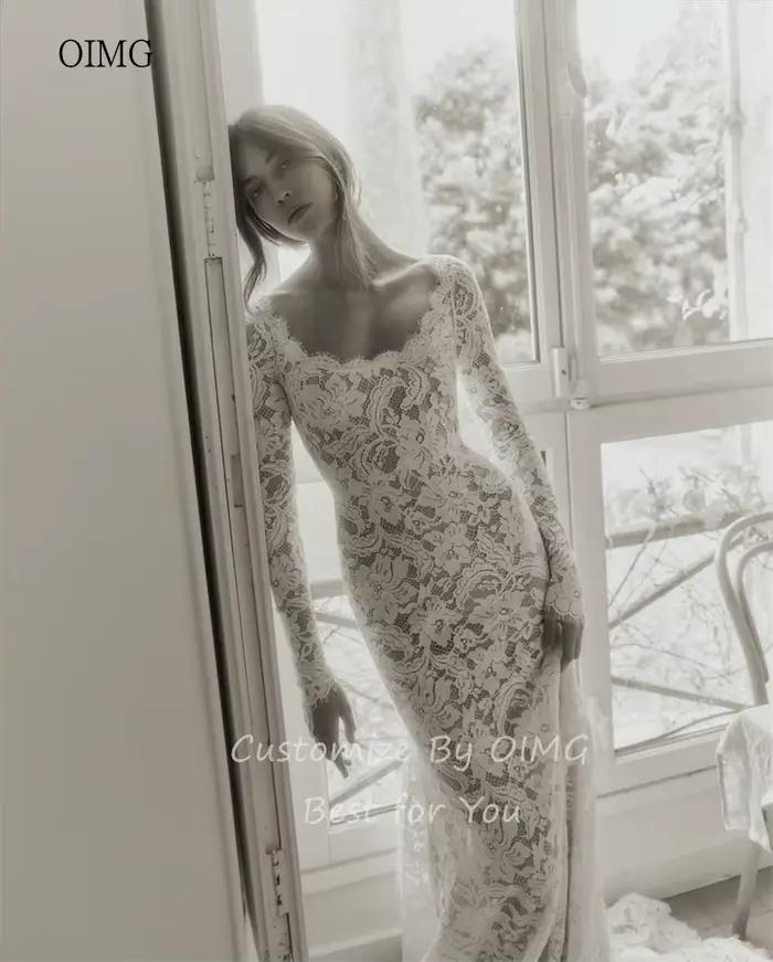OIMG Robe de mariée sirène élégante en dentelle à manches longues