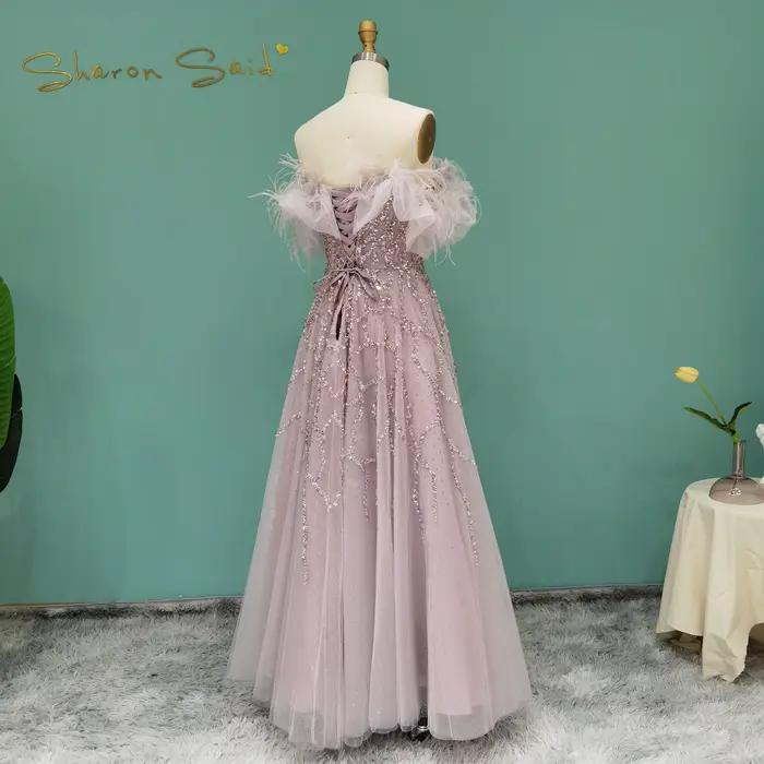 Robe de soirée Sharon Said en polyester avec perles, cristal et plumes pour femmes, idéale pour mariage et soirées officielles