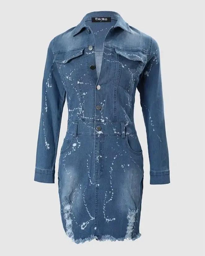 Robe en denim high street à manches longues et col rabattu avec ourlet déchiré et éclaboussures d'encre pour femmes, mini robe pour toutes les occasions spéciales