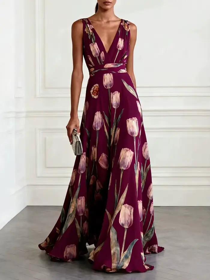 Robe longue élégante en mousseline de soie à col en V profond