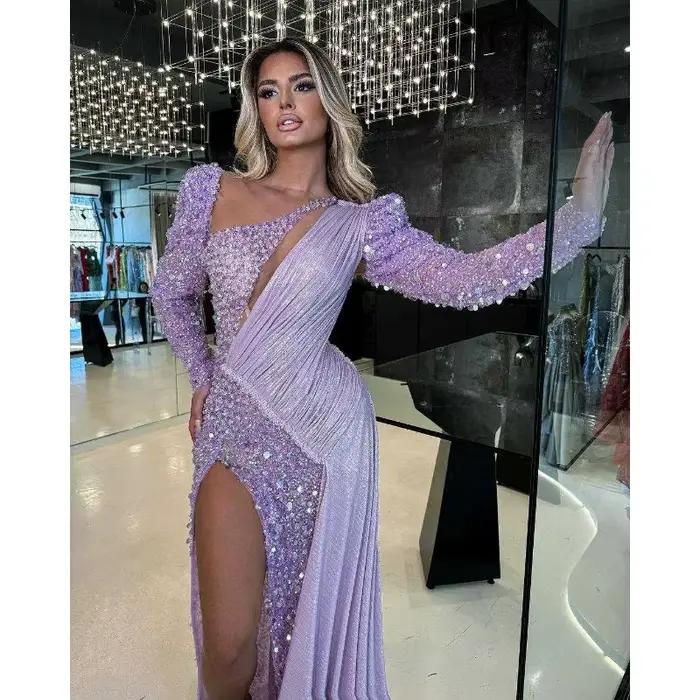 Robes de soirée de luxe en cristal perlé 2025 une manche haute fente sirène