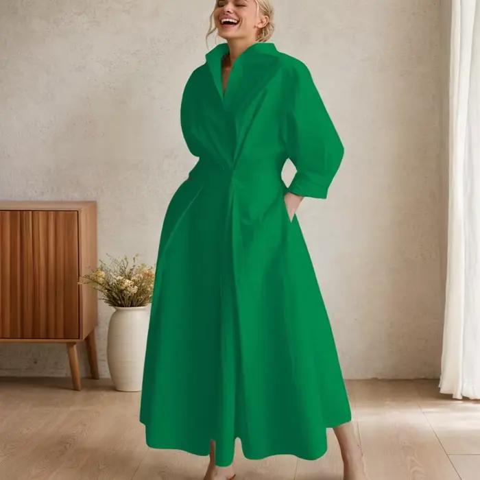 Robe longue taille haute à manches longues pour femmes, polyester, motif imprimé, coupe lâche, col rabattu, adapté aux événements formels, soirées et journées de travail