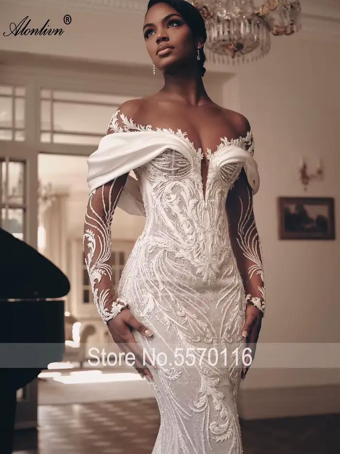 Alonlivn sur mesure luxe dentelle 2 en 1 robe de mariée sirène perles broderie Illusion cou trompette robes