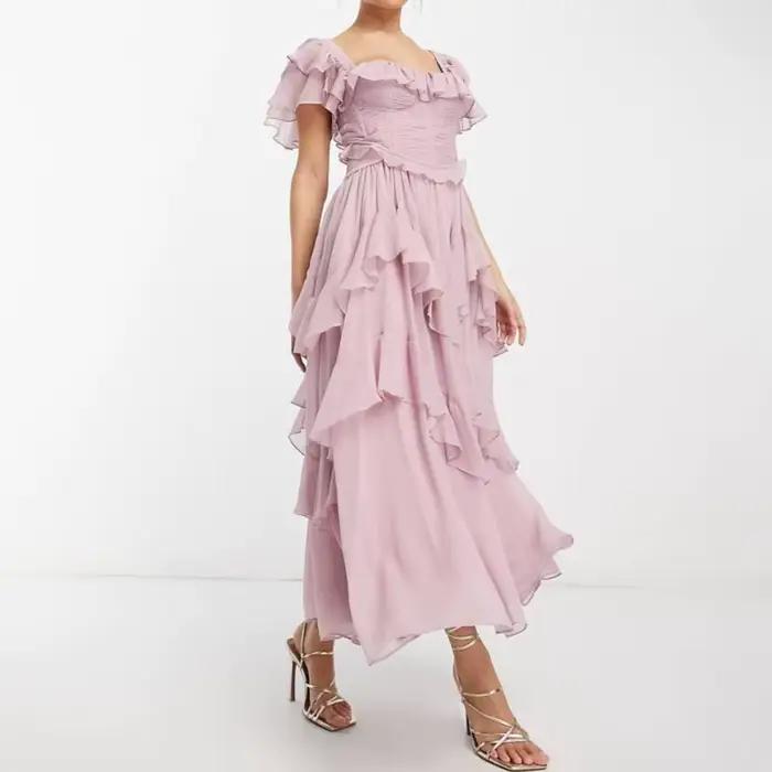 2025 nouveau Vintage vacances bord fleuri dos ouvert creux mode robe irrégulière décontracté femmes à volants