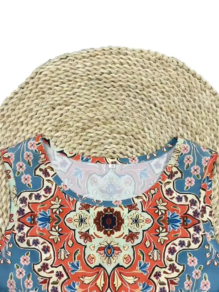 Holidaya dames été imprimé fleuri col rond robe sans manches pour décontracté ou vacances Maxi