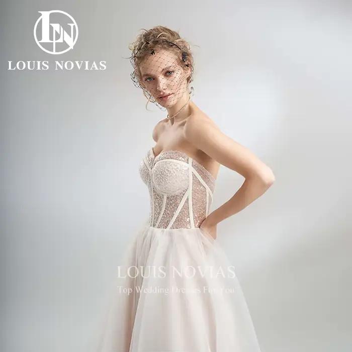 Robe de mariée trapèze, torsadée, élégante, sexy, perlée, pailletée