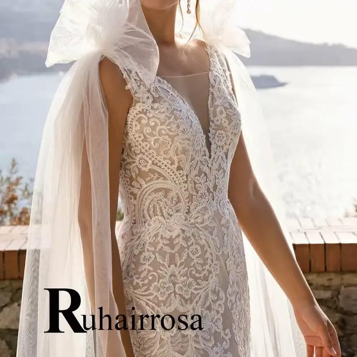 Ruhair à la mode sirène robes De mariée dentelle Appliques nœud papillon plissé balayage Train robe