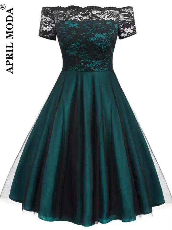 Femmes Vintage robe en dentelle formelle rouge noir vert Slash cou Tulle Midi Jurken Chic rétro gothique années 50 robes trapèze vêtements de fête