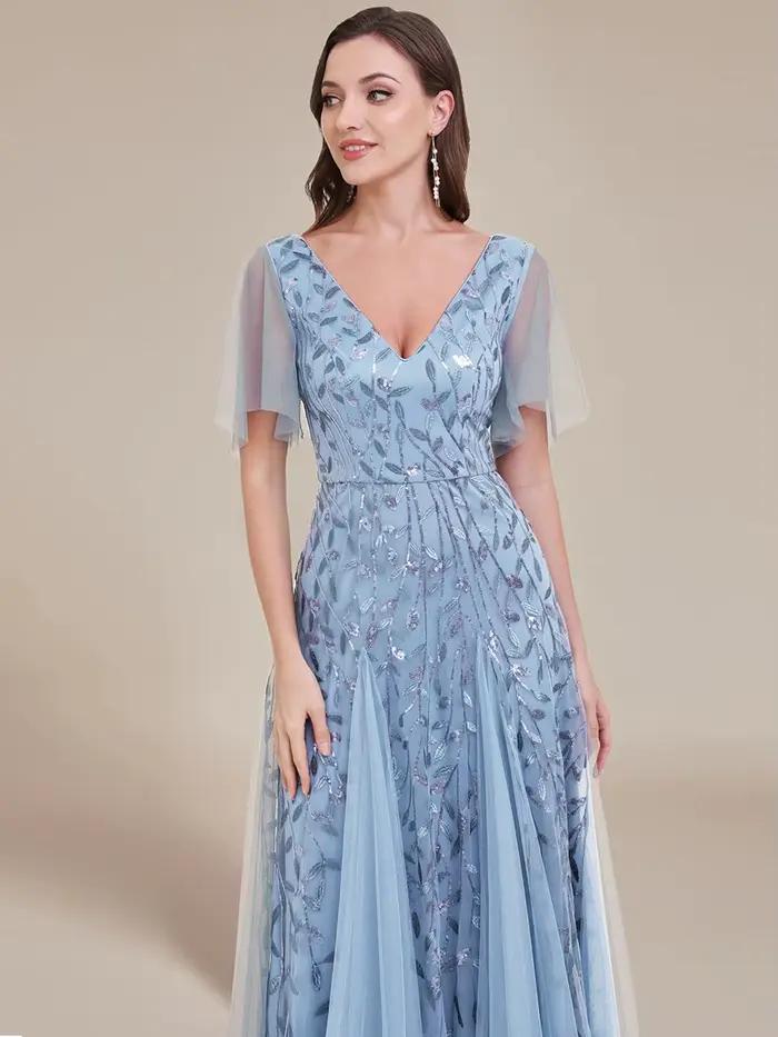 Robe de soirée élégante col en V profond manches à volants demoiselle d'honneur occassions spéciales soirée officielle