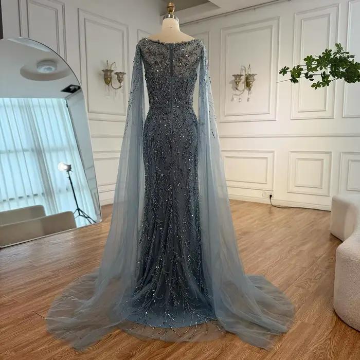 Arabie saoudite bleu perlé sirène robe de soirée élégante Cape manches bateau cou