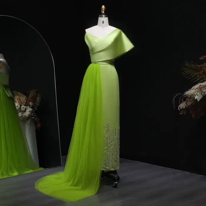 Robe Sharon Said en polyester vert sauge pour soirée officielle avec surjupe, décolleté d'une épaule, perles et plissé, tenue de mariage personnalisée pour femmes de tous âges