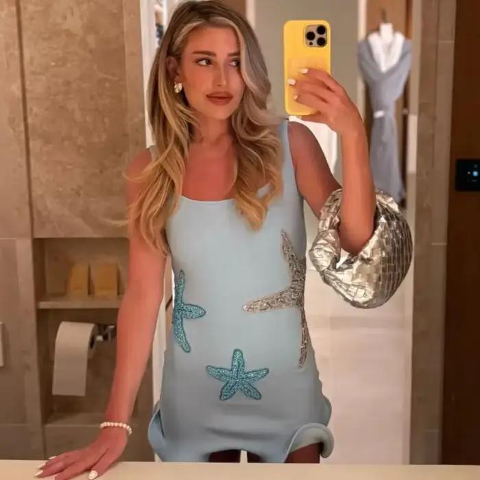 Sea Star Brodé Tricoté Femmes Mini Robe Décontracté O Cou Sans Manches