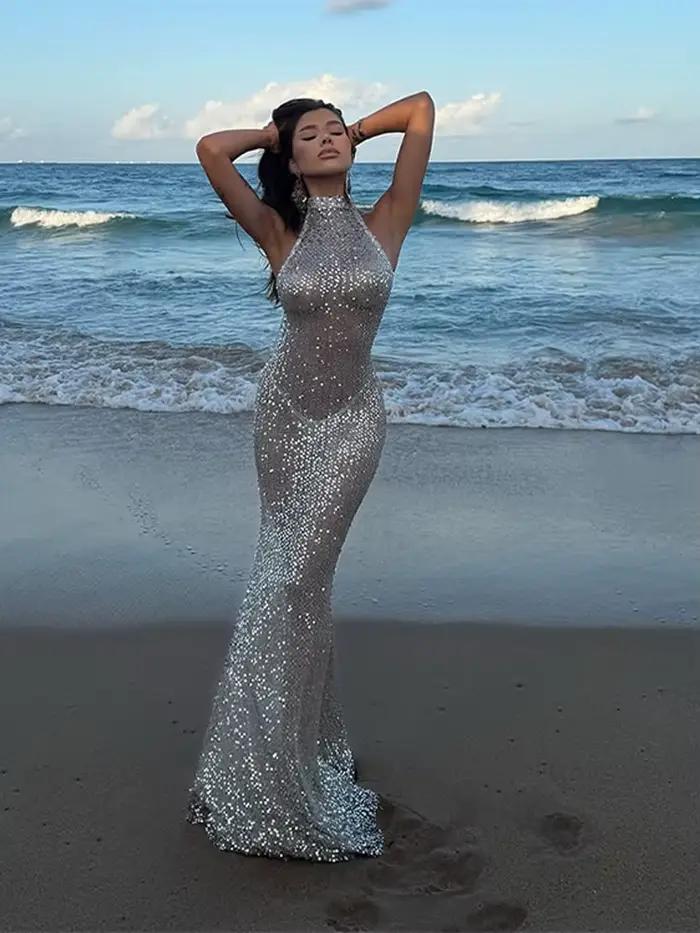 Robe longue sans manches à paillettes pour femme