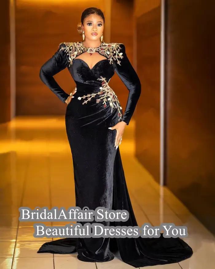 Robe de soirée sirène vintage en velours noir avec appliques florales et perles