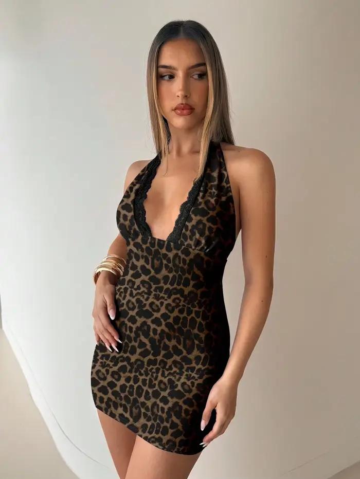 Mini robe sexy en dentelle à imprimé léopard
