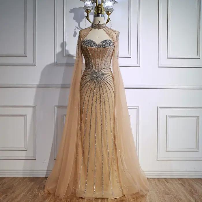 Robe de soirée sirène nue de luxe perlée avec manches cape pour femmes occasions spéciales élégantes et formelles
