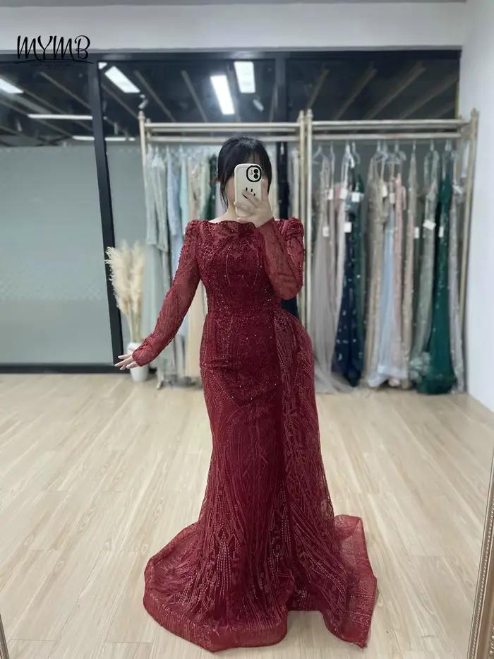 MYMB vin élégant manches longues perles dentelle mère de la robe de mariée arabe magnifique sirène robes de soirée pour la fête de mariage