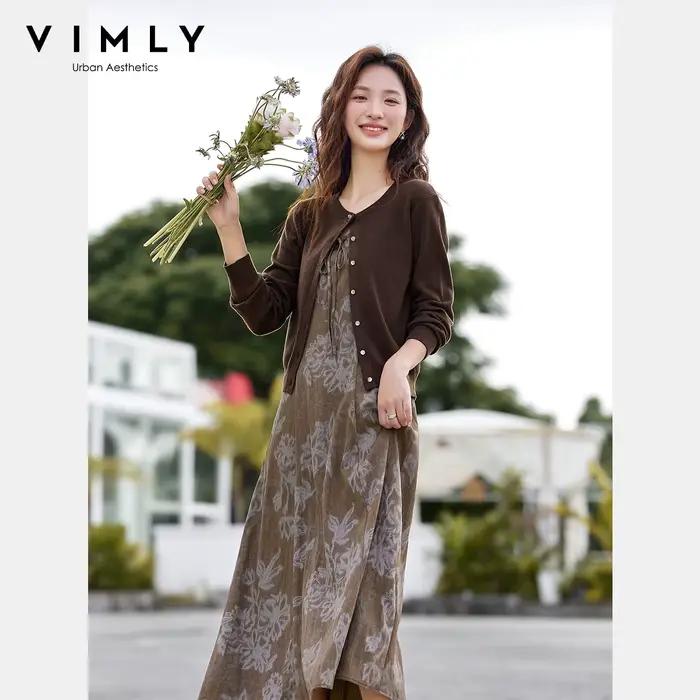 VIMLY Tenues de Vacances Femme 2026 Ensembles Robes Décontractées Manches Longues Cardigan Tricoté Robe Longue à Bretelles Vêtements d'Automne pour Femmes A2957