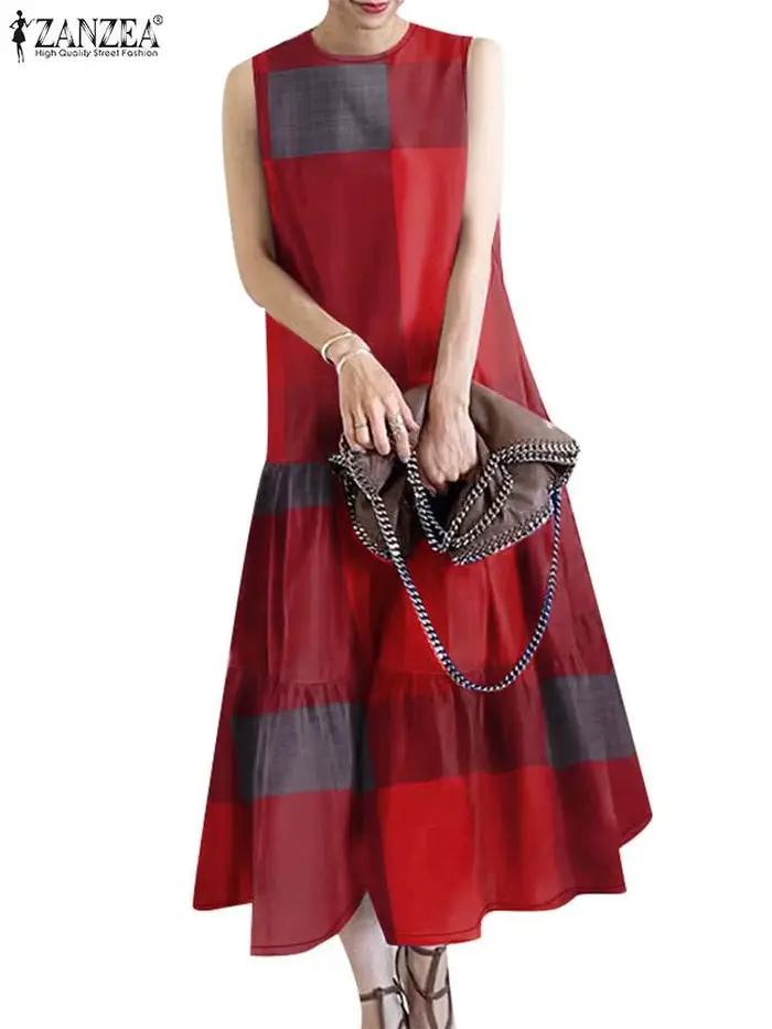 Robe mi-longue vintage à carreaux pour femmes
