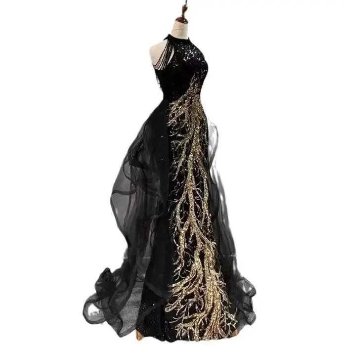 Femmes robes de soirée noir sens avancé mince tempérament célébrité hôte cou queue de poisson jupe mariage Toast robe pour femme