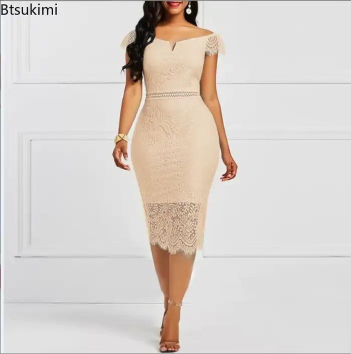 Robe ronde en dentelle à manches courtes et col en V pour femmes