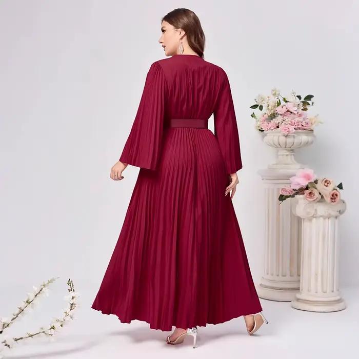 Grande taille femmes robe de soirée élégant solide à manches longues plissé col en v profond ample a-ligne à lacets automne fête Club robes de bal