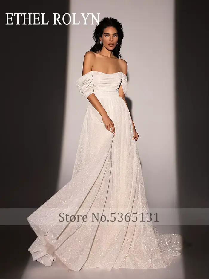 ETHEL ROLYN robes De mariée trapèze pour femmes brillant hors De l'épaule col bateau brosse Train robe