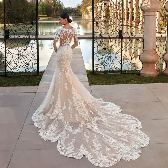 Robe de mariée sirène à col rond transparent Boho