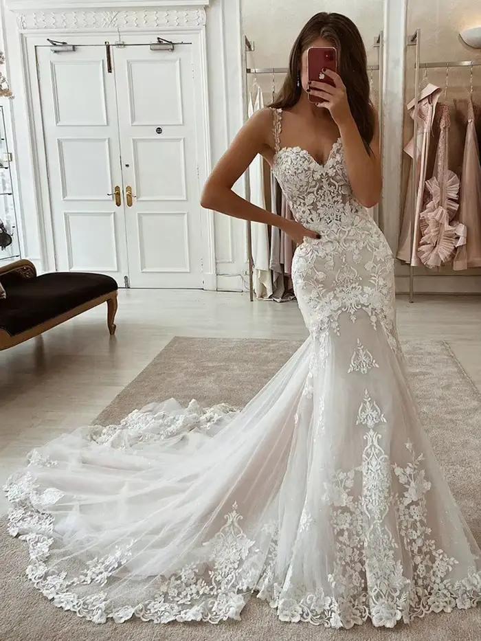LORIE ivoire sirène robes de mariée dentelle Appliques Tulle