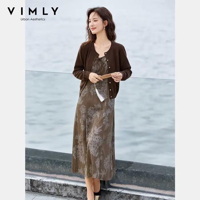VIMLY Tenues de Vacances Femme 2026 Ensembles Robes Décontractées Manches Longues Cardigan Tricoté Robe Longue à Bretelles Vêtements d'Automne pour Femmes A2957