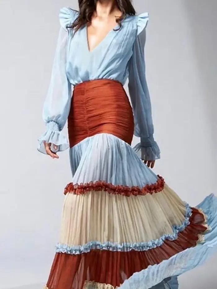 Robe longue élégante femmes automne col en V profond à manches longues