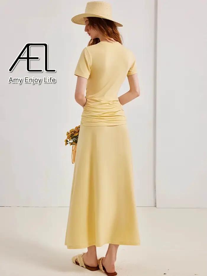 AEL tricoté robe longue femmes col rond couleur unie à manches courtes Robes de soirée printemps automne mince moulante