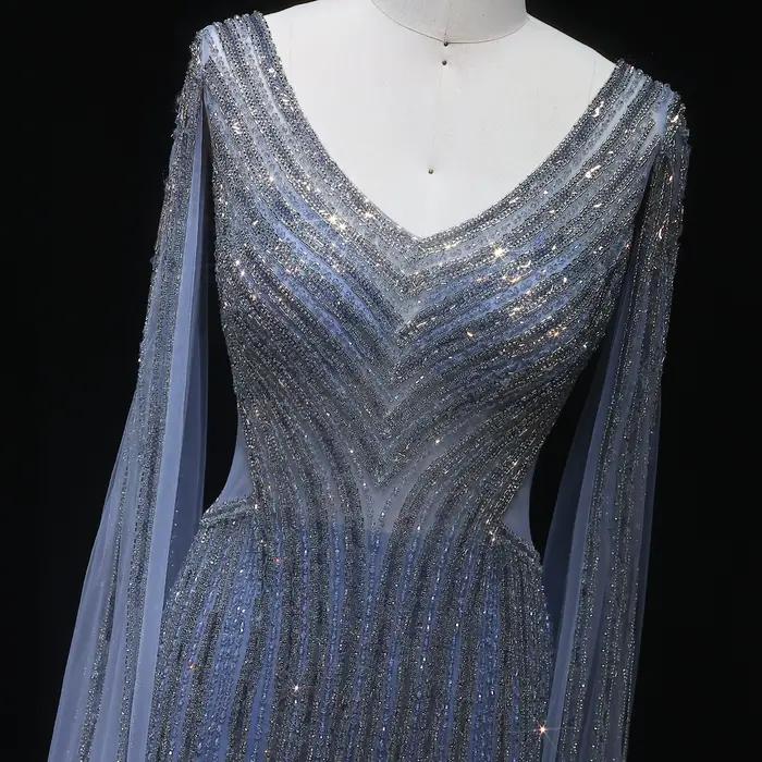 Sharon Said luxe bleu sirène arabe robe de soirée avec manches Cape élégant col en v femmes robes
