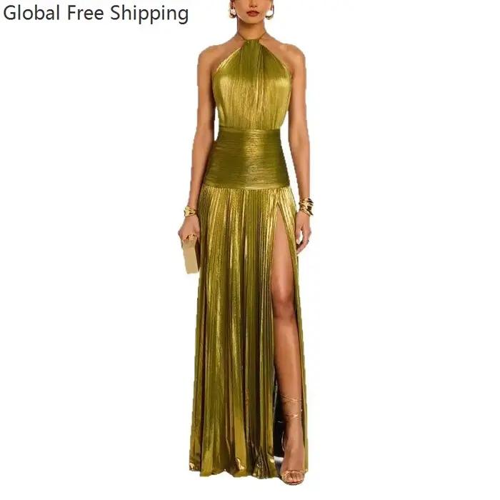 Robe de soirée dorée à col licou pour femme