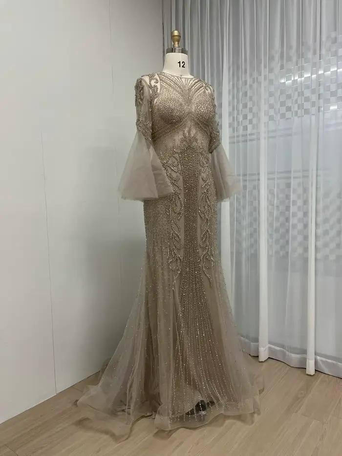 MYMB luxe Caramel sirène perlée soirée robe formelle pour la fête de mariage élégant arabe manches longues mère