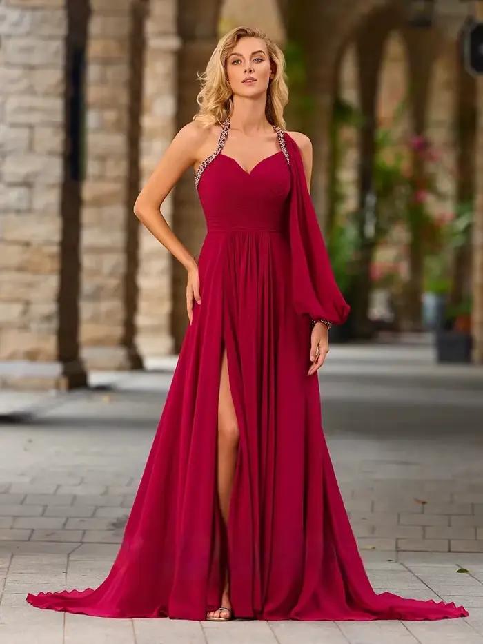 Robes de soirée personnalisées rouge foncé en mousseline